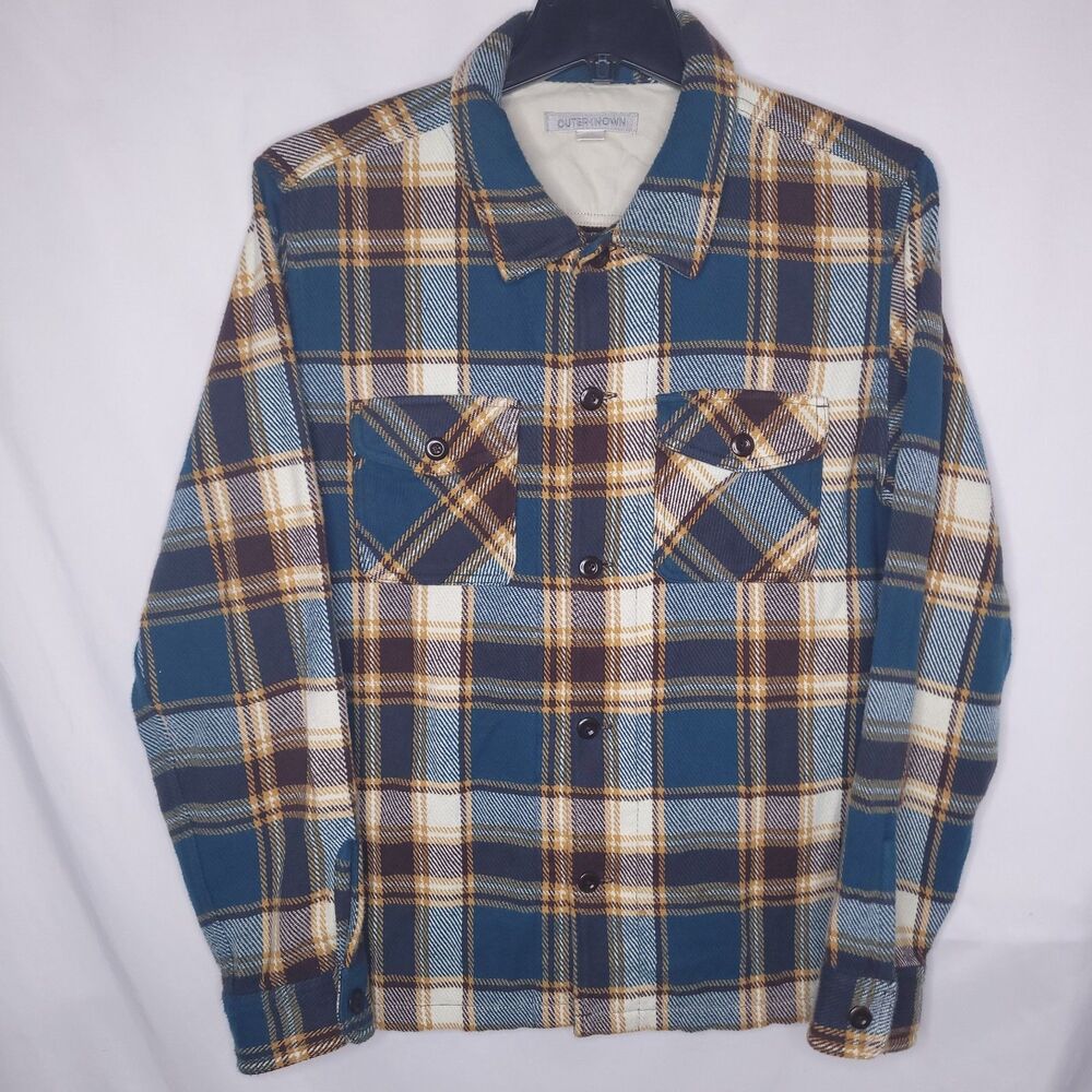Outerknown Blanket Shirt Mens Large Plaid Green, Burgundy Heavyweight Organic